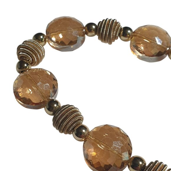 Faceted Gold Tone Beaded Stretch Bracelet Clear Round Beads Lightweight Jewelry - Picture 4 of 4